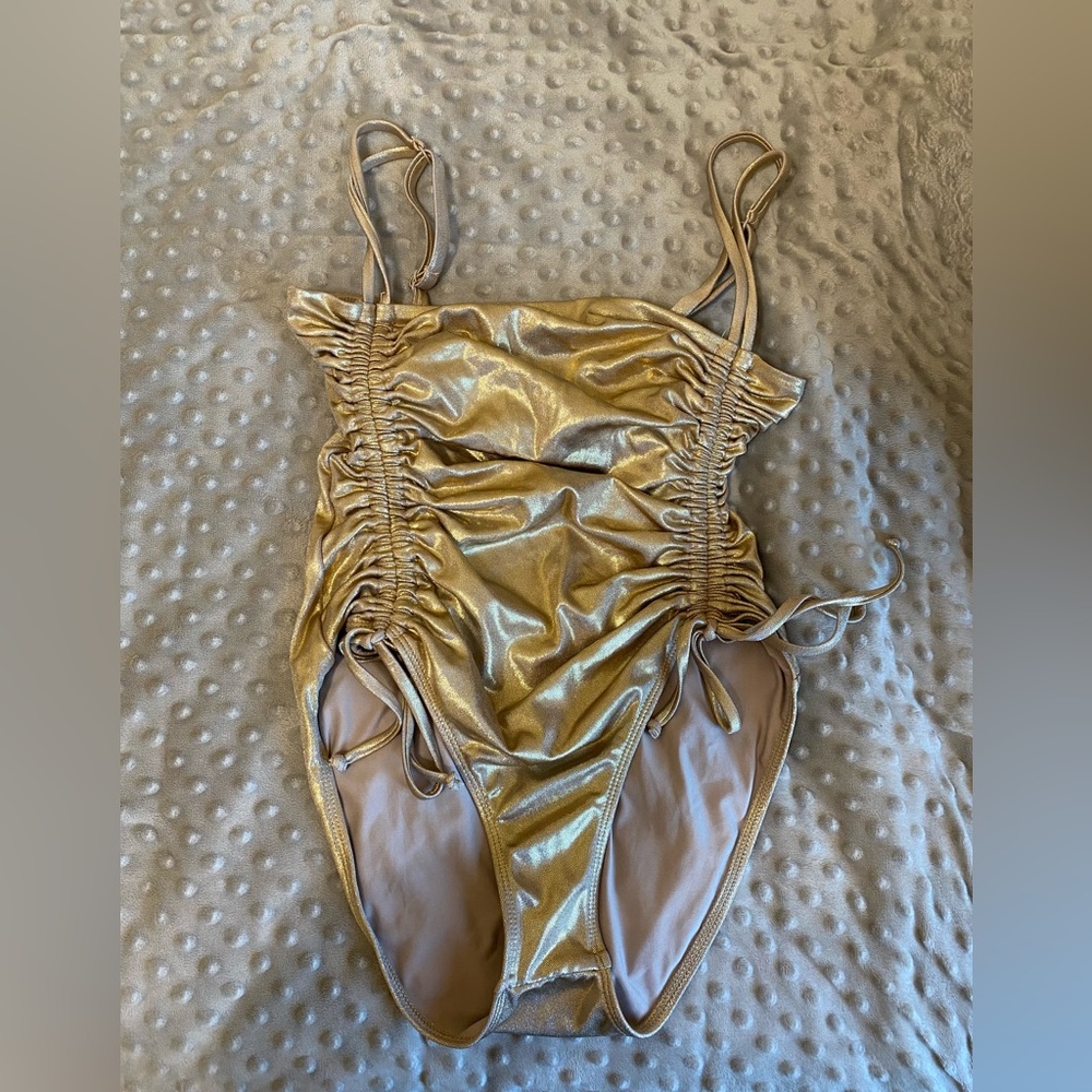 Anthropologie Good American Metallic Foil Ruched One-Piece Swimsuit - Picture 3 of 4